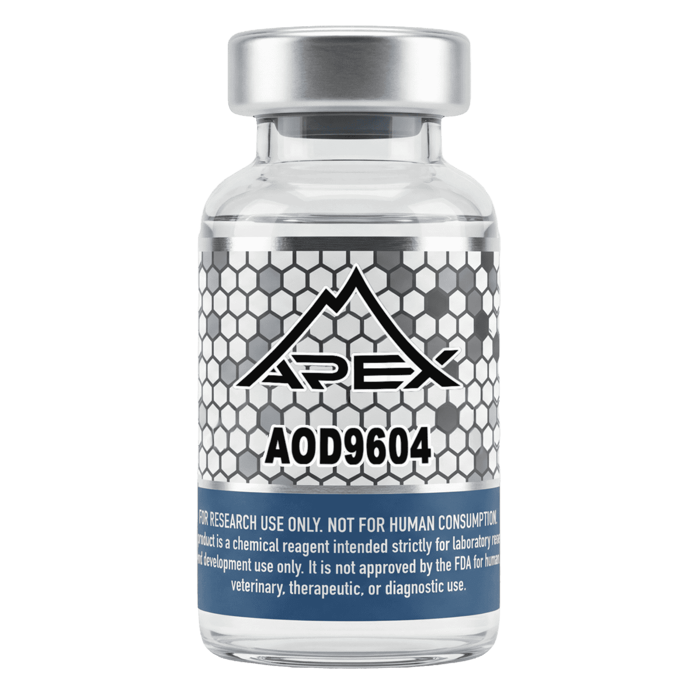 Research-grade AOD9604 peptide vial from Apex Laboratory, a lyophilized modified human growth hormone fragment 176-191 at greater than or equal to 99 percent purity for laboratory research use.