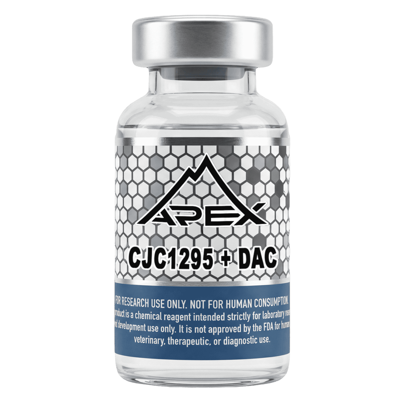 Research-grade CJC-1295 with DAC peptide vial from Apex Laboratory, a lyophilized long-acting albumin-binding GHRH analog at greater than or equal to 99 percent purity for laboratory research use.