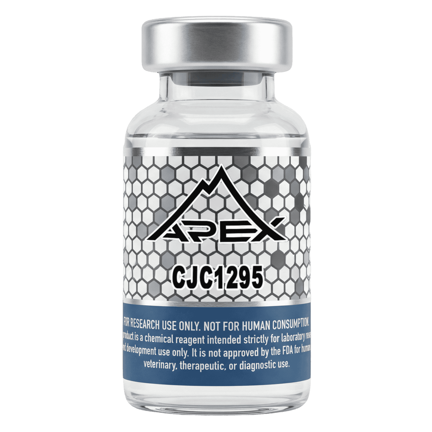 Research-grade CJC-1295 peptide vial from Apex Laboratory, a lyophilized tetrasubstituted GHRH(1-29) analog at greater than or equal to 99 percent purity for laboratory research use.