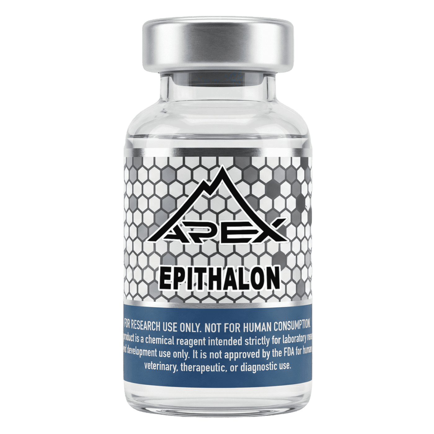 Research-grade Epithalon peptide vial from Apex Laboratory, a lyophilized Ala-Glu-Asp-Gly tetrapeptide bioregulator at greater than or equal to 99 percent purity for laboratory research use.