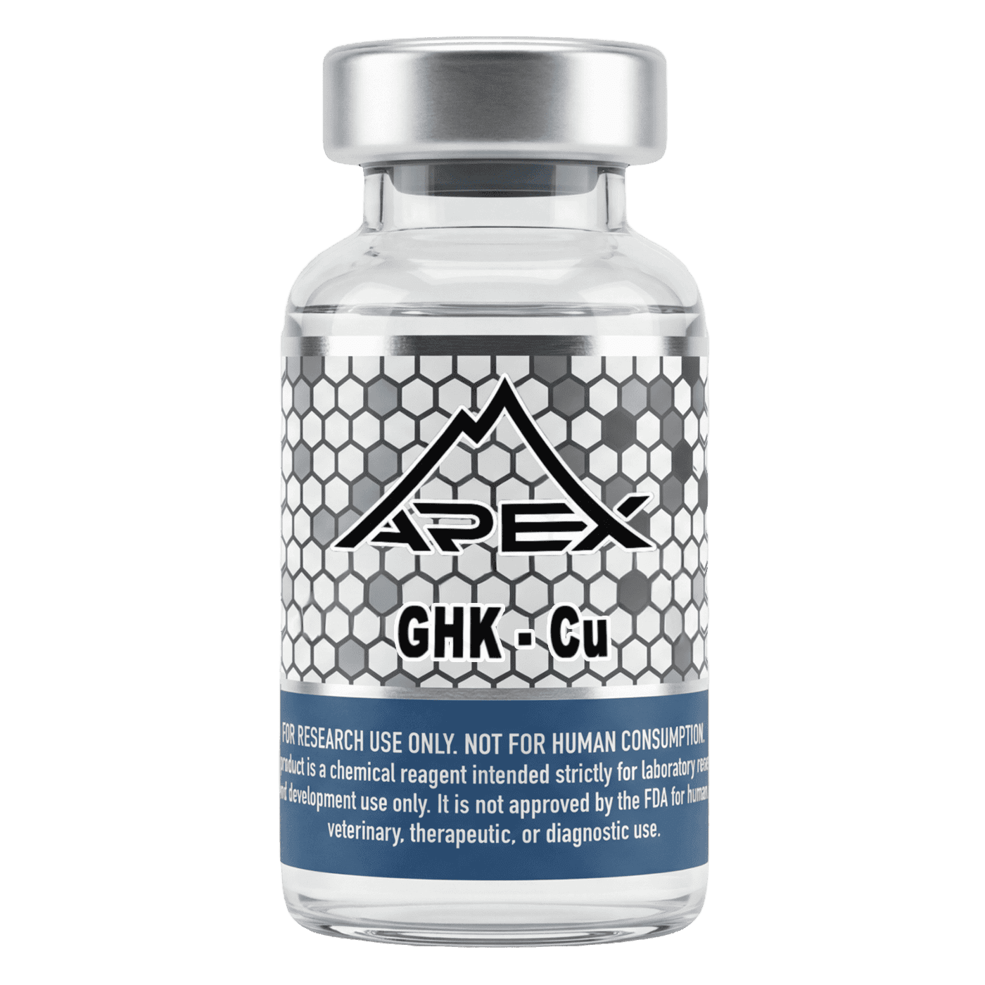 Research-grade GHK-Cu copper peptide vial from Apex Laboratory, a blue-violet lyophilized glycyl-L-histidyl-L-lysine copper complex at greater than or equal to 99 percent purity for laboratory research use.