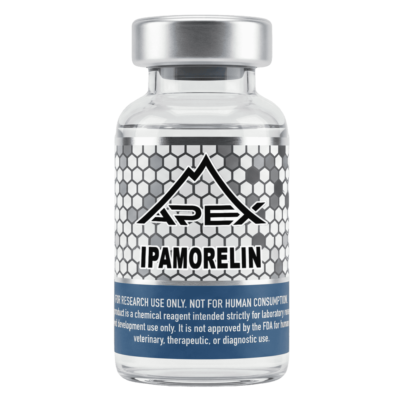 Research-grade Ipamorelin peptide vial from Apex Laboratory, a lyophilized selective growth-hormone secretagogue and ghrelin-receptor agonist pentapeptide at greater than or equal to 99 percent purity for laboratory research use.