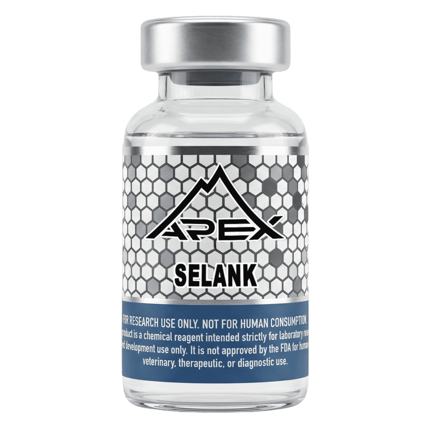 Research-grade Selank peptide vial from Apex Laboratory, a lyophilized tuftsin-analog heptapeptide at greater than or equal to 99 percent purity for laboratory research use.