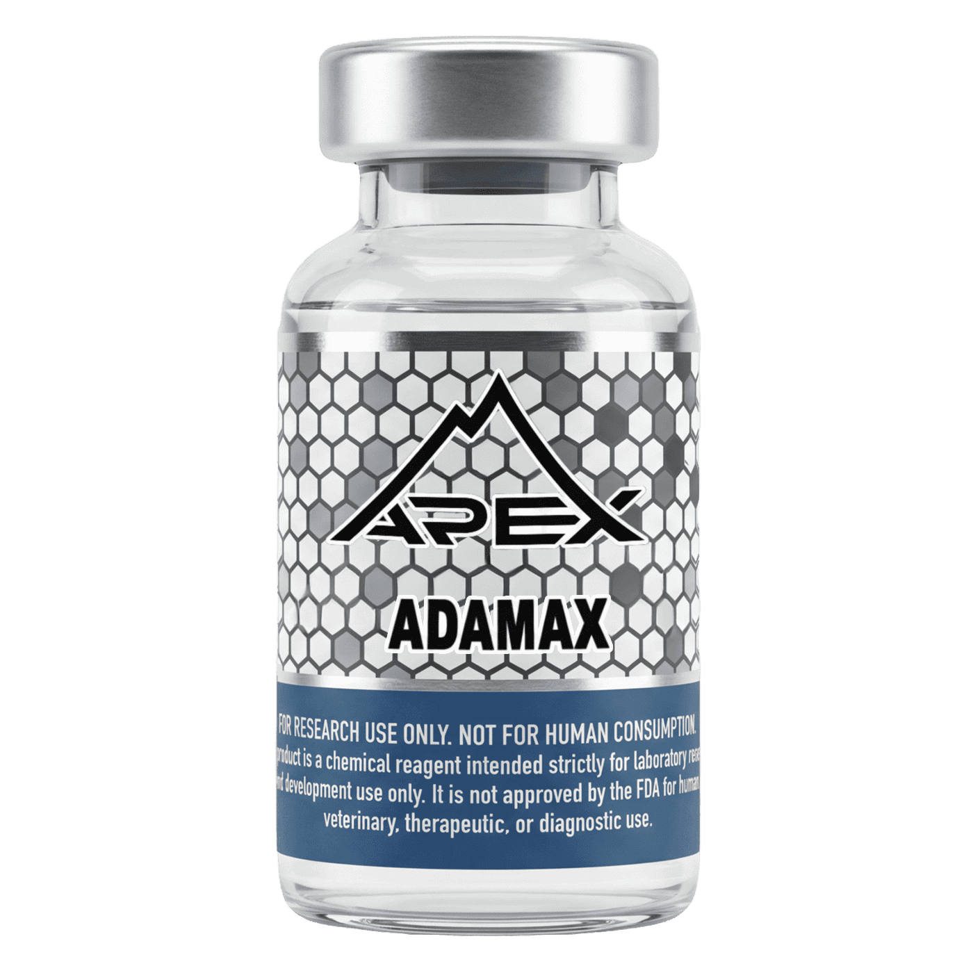 Research-grade Adamax peptide vial from Apex Laboratory, a lyophilized adamantane-modified Semax-derivative nootropic research peptide at greater than or equal to 99 percent purity for laboratory research use.