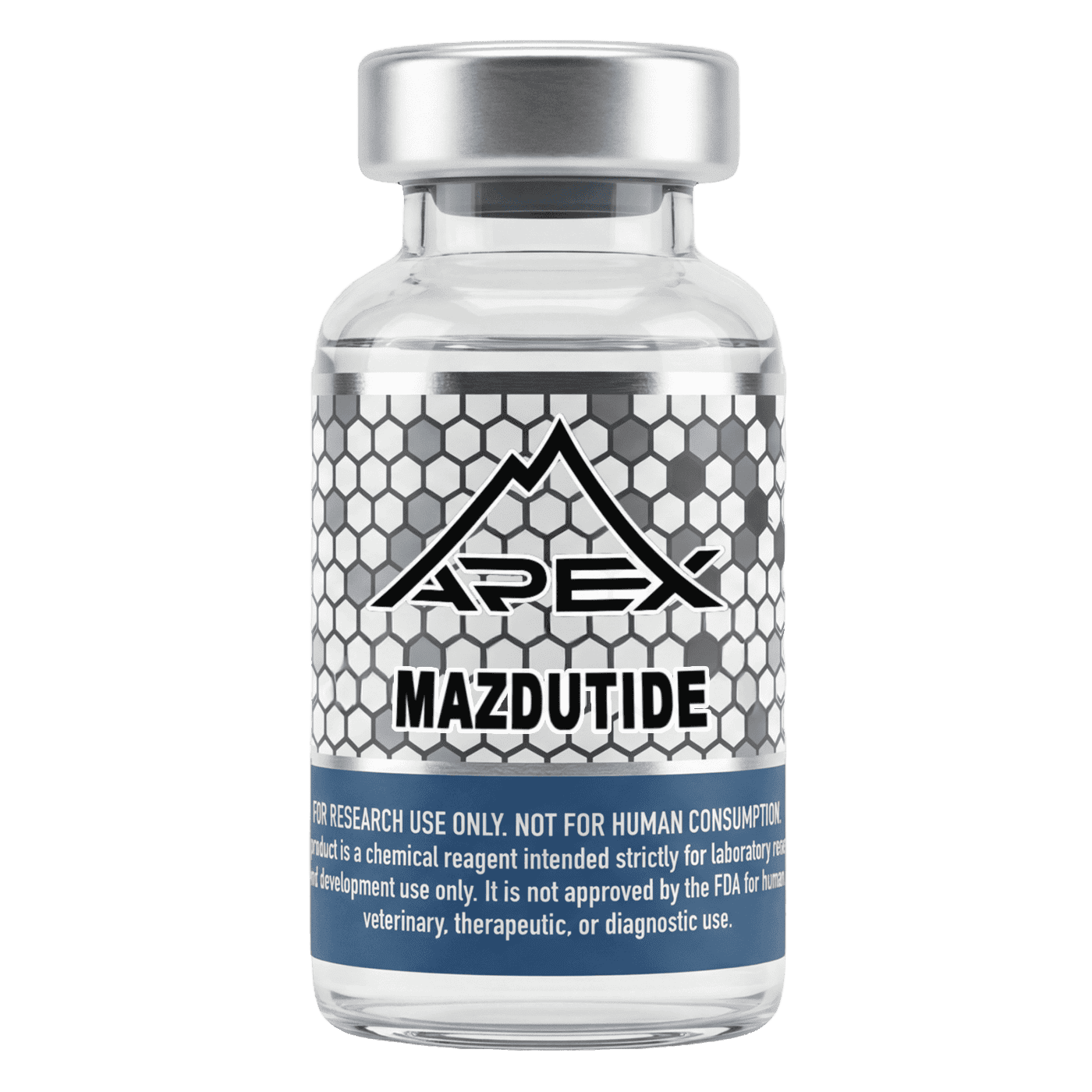 Research-grade mazdutide (LY3305677 / IBI362) peptide vial from Apex Laboratory, a lyophilized dual GLP-1/glucagon oxyntomodulin-analog agonist at greater than or equal to 99 percent purity for laboratory research use.