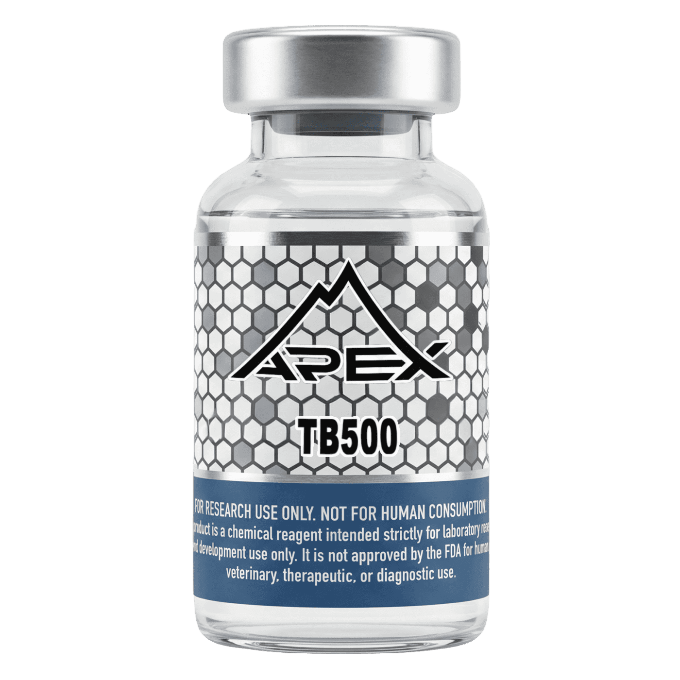 Research-grade TB-500 peptide vial from Apex Laboratory, a lyophilized Ac-LKKTETQ thymosin beta-4 fragment at greater than or equal to 99 percent purity for laboratory research use.