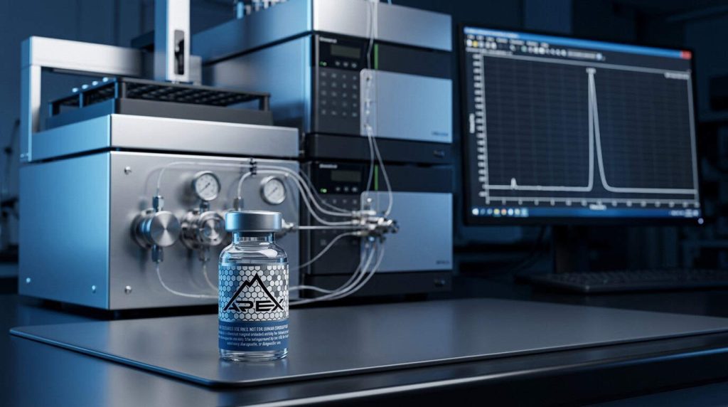 HPLC instrument displaying peptide purity chromatogram — analytical verification process — Apex Laboratory