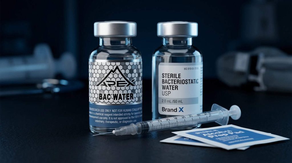 Bacteriostatic water vial with research peptide and syringe — sterile reconstitution solvent — Apex Laboratory