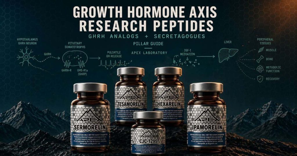 Growth hormone axis research peptides pillar guide with Apex Laboratory peptide vials