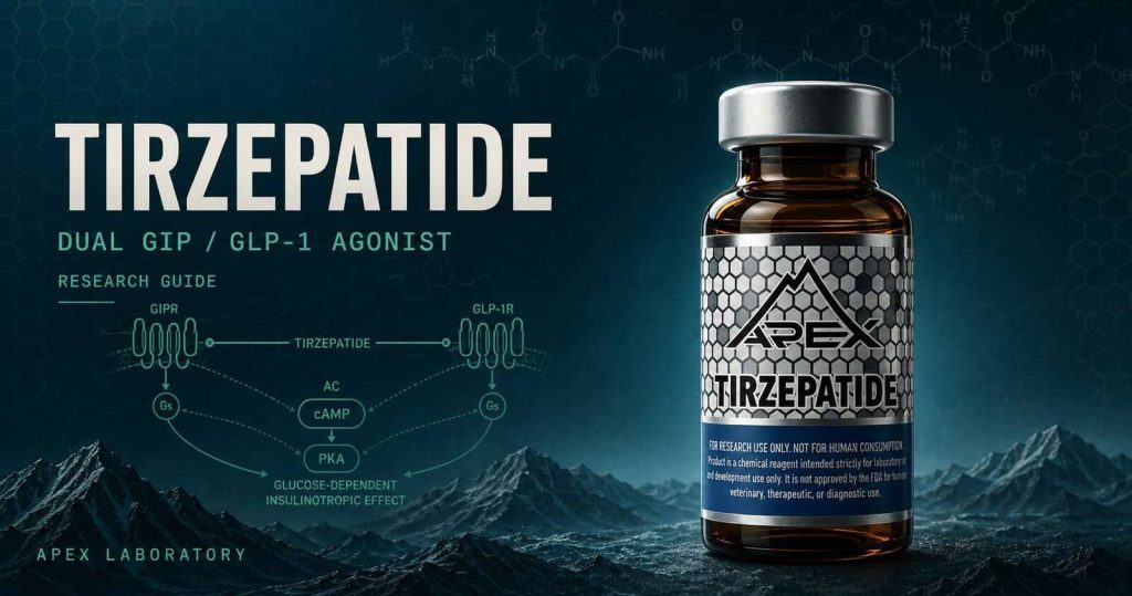 Tirzepatide research guide showing dual GIP/GLP-1 agonism mechanism with Apex Laboratory peptide vial