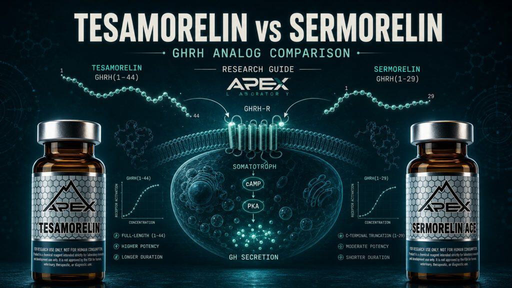 Tesamorelin vs Sermorelin GHRH analog research comparison with Apex Laboratory peptide vials