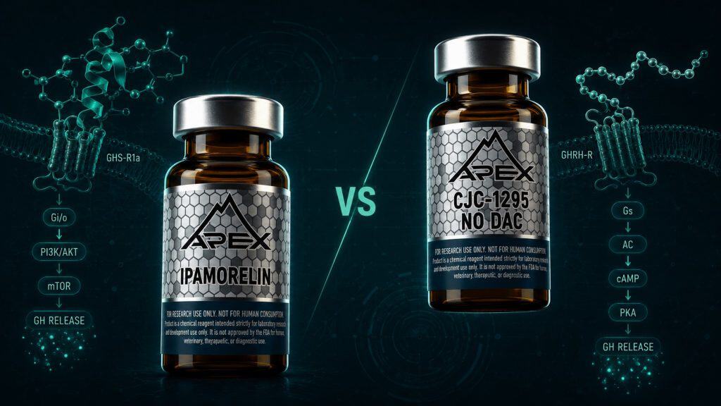Ipamorelin vs CJC-1295 GHS-R1a vs GHRH-R pathway research comparison with Apex Laboratory peptide vials