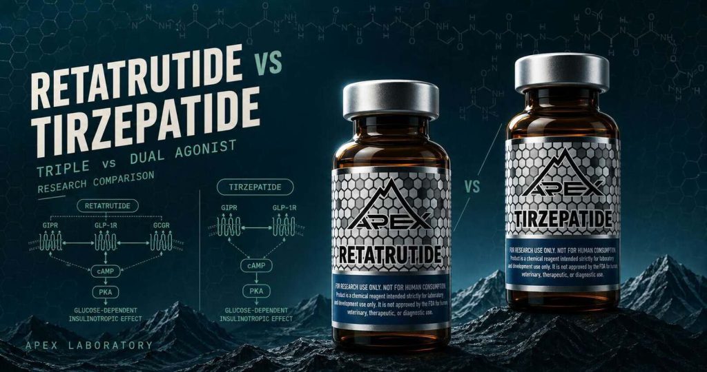 Retatrutide vs Tirzepatide research comparison showing triple-agonist vs dual-agonist receptor engagement with two Apex Laboratory peptide vials