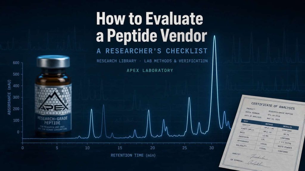 Peptide vendor evaluation checklist with HPLC chromatogram and certificate of analysis