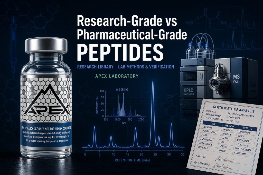 Research-grade vs pharmaceutical-grade peptide vials with HPLC instrument and GMP regulatory documentation