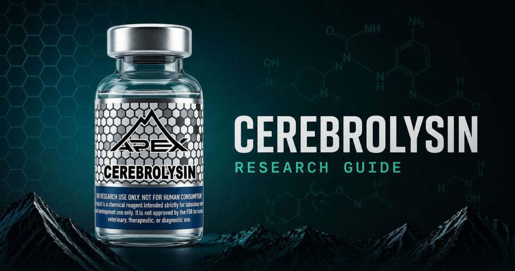 Cerebrolysin research guide showing peptidergic mixture mechanism with Apex Laboratory vials
