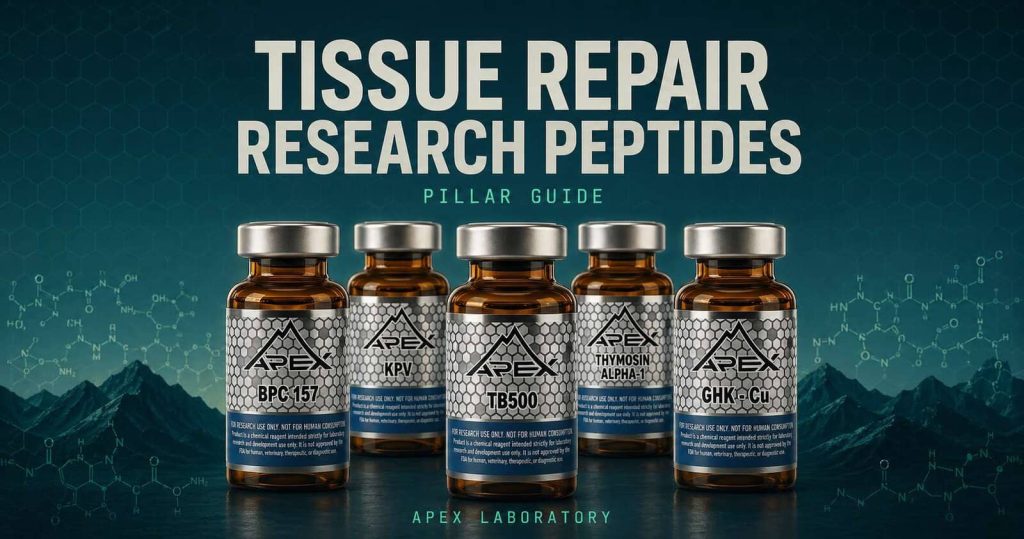 Tissue repair research peptides pillar guide showing BPC-157 TB-500 GHK-Cu vials