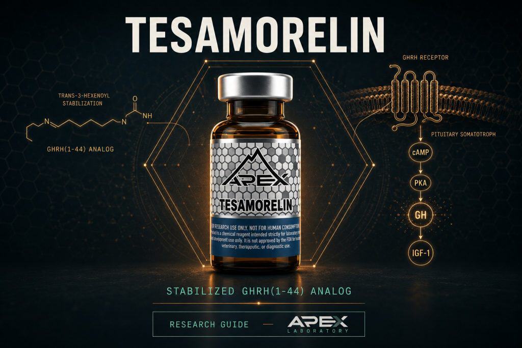Tesamorelin research-grade stabilized GHRH(1-44) analog for in-vitro and preclinical research, Apex Laboratory peptide vial