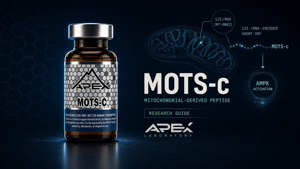 MOTS-c research-grade 16-amino-acid mitochondrial-derived peptide for in-vitro and preclinical research, Apex Laboratory vial