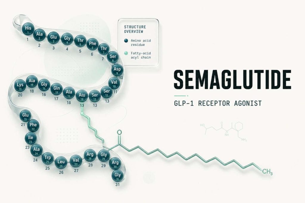 Stylized molecular structure of Semaglutide, a GLP-1 receptor agonist peptide, rendered as a 3D research illustration on a slate-teal background.