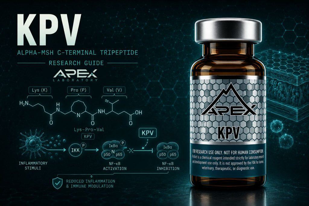KPV research-grade C-terminal alpha-MSH anti-inflammatory tripeptide (Lys-Pro-Val) for in-vitro and preclinical research, Apex Laboratory vial