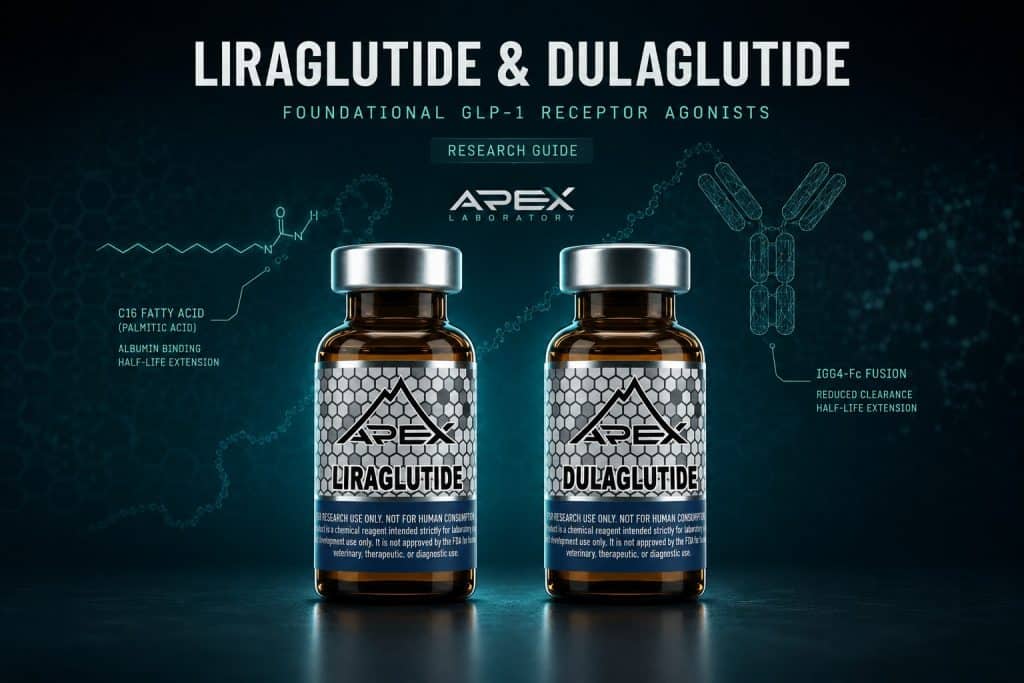 Liraglutide and dulaglutide research-grade GLP-1 receptor agonists for in-vitro and preclinical metabolic research, Apex Laboratory vials