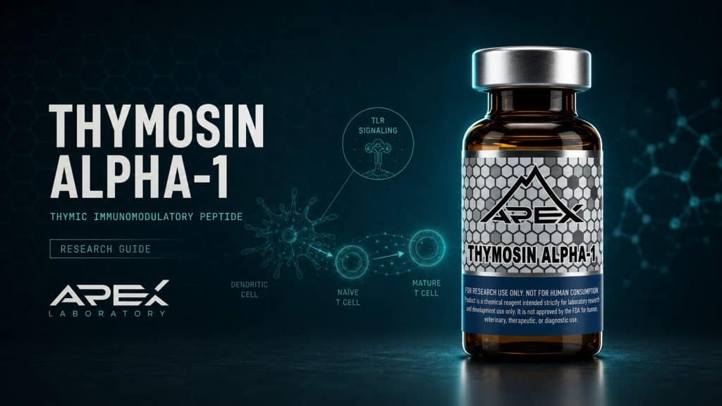Thymosin alpha-1 research-grade 28-amino-acid thymic immunomodulatory peptide for in-vitro and preclinical research, Apex Laboratory vial