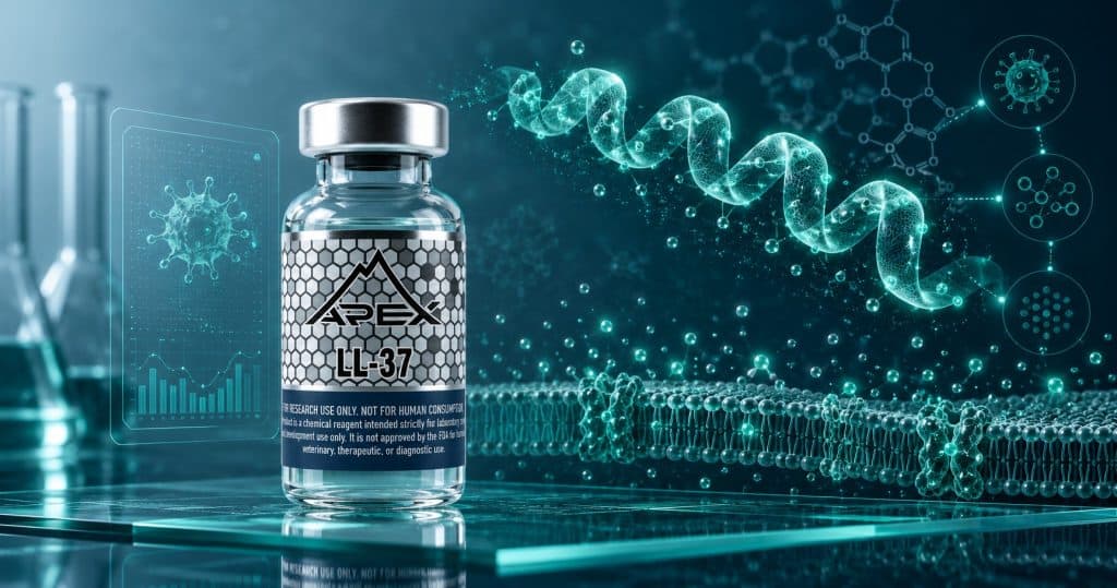 LL-37 research vial with cathelicidin antimicrobial helix and immune-signaling motif