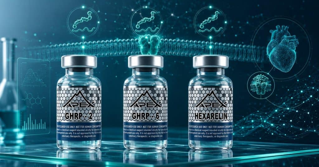 GHRP-2, GHRP-6, and Hexarelin research vials with ghrelin receptor comparison motif