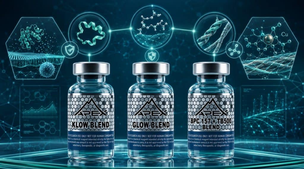 KLOW, GLOW, and BPC-157/TB-500 blend vials with tissue-repair pathway motif