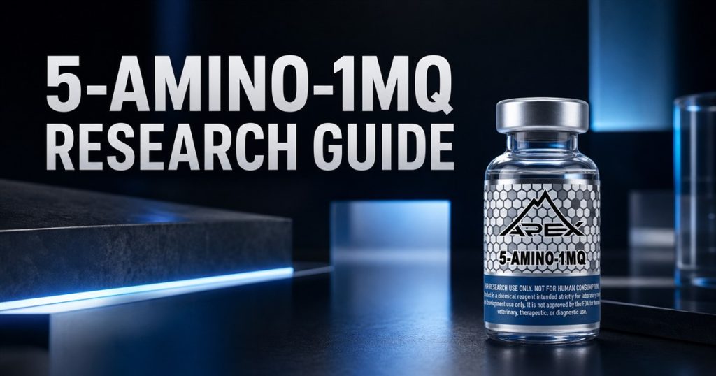Editorial artwork of an Apex 5-Amino-1MQ research vial beside the title 5-Amino-1MQ Research Guide.