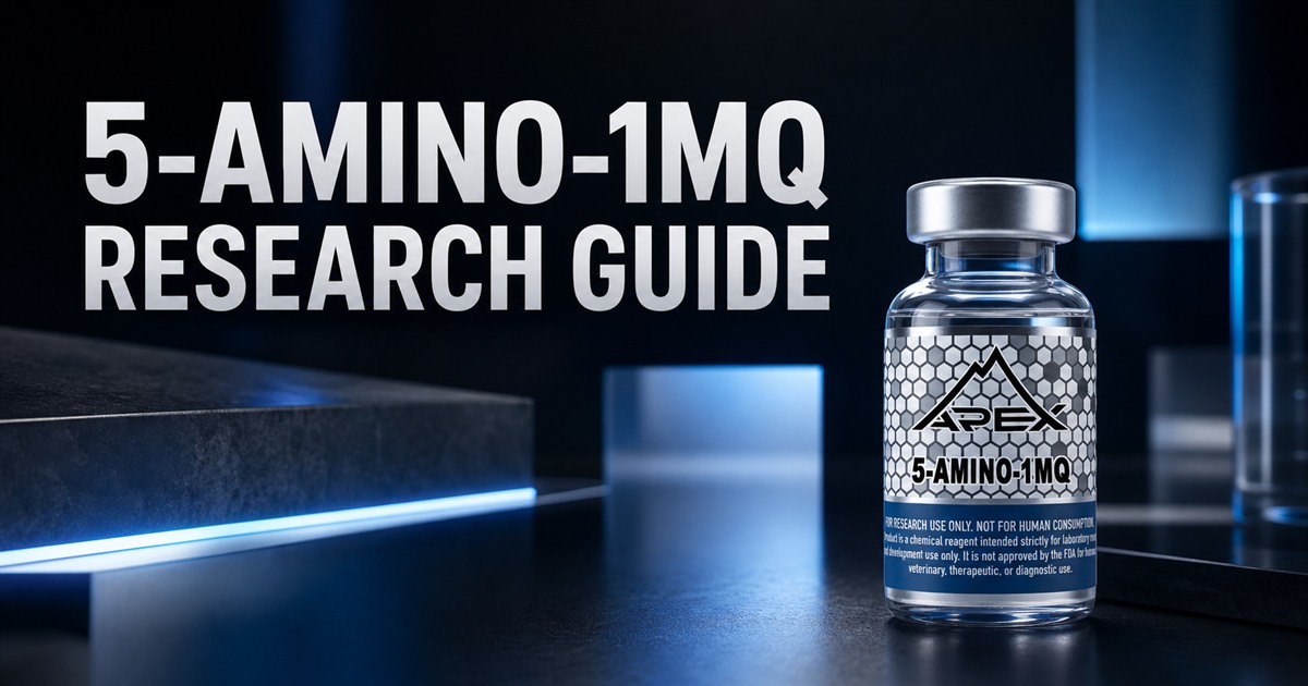 Editorial artwork of an Apex 5-Amino-1MQ research vial beside the title 5-Amino-1MQ Research Guide.