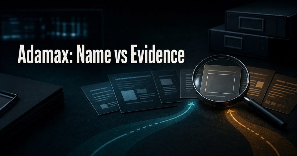 Research source cards, a magnifying glass, and diverging teal and amber paths beside the title Adamax: Name vs Evidence