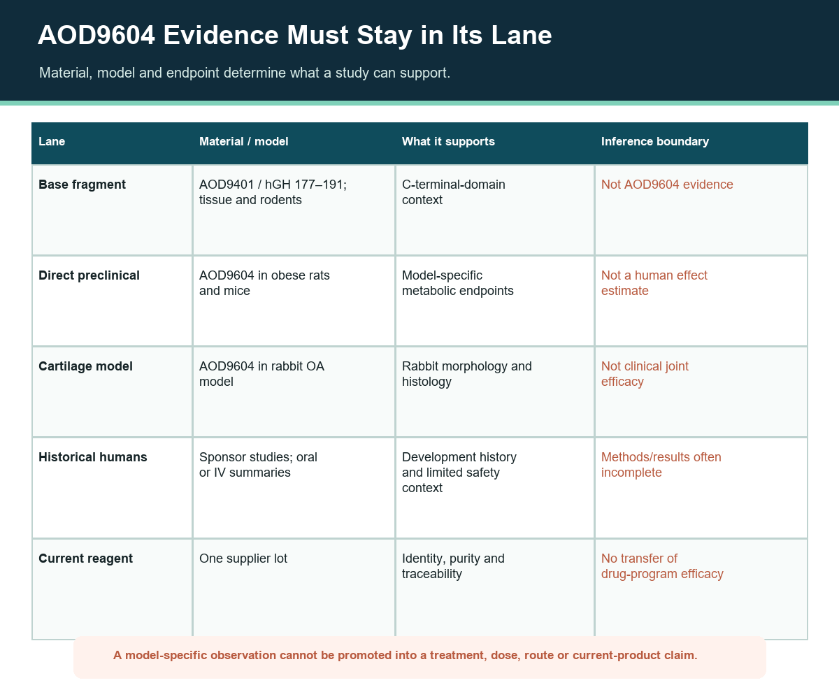 AOD9604 evidence lanes separating AOD9401, animal, rabbit, human-development, and current-reagent claims