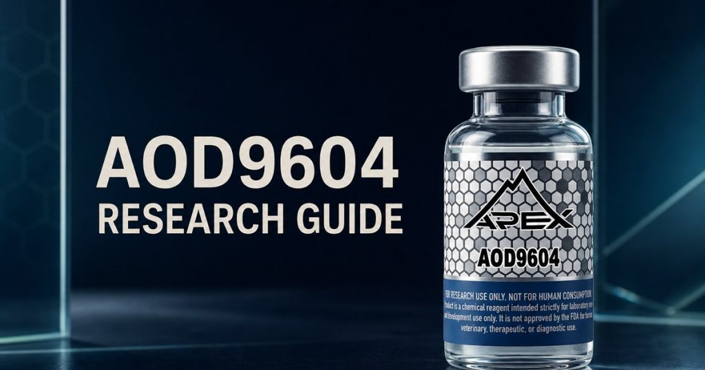 Reference-conditioned editorial cover with an Apex AOD9604 vial and the title AOD9604 Research Guide