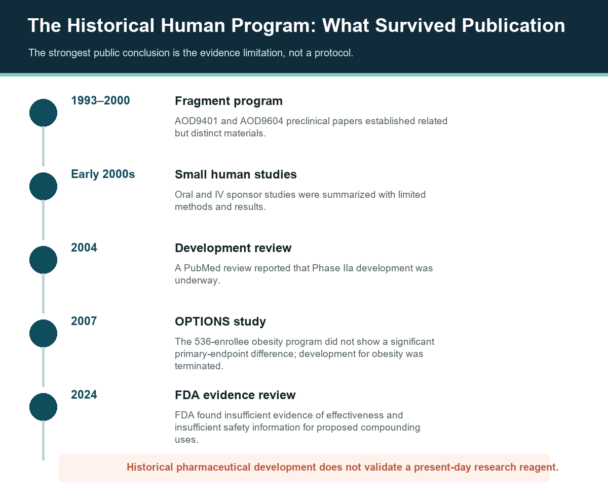 AOD9604 human-program timeline from early fragment research to the 2007 OPTIONS result and 2024 FDA review