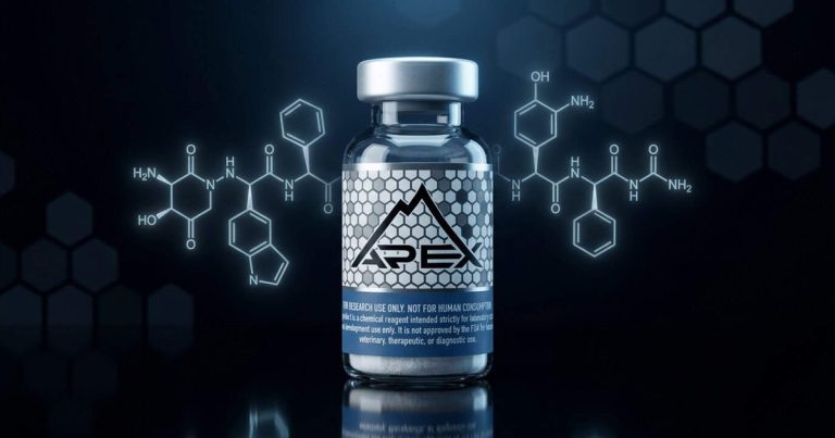Retained Apex BPC-157 editorial cover with a centered vial against a dark molecular background