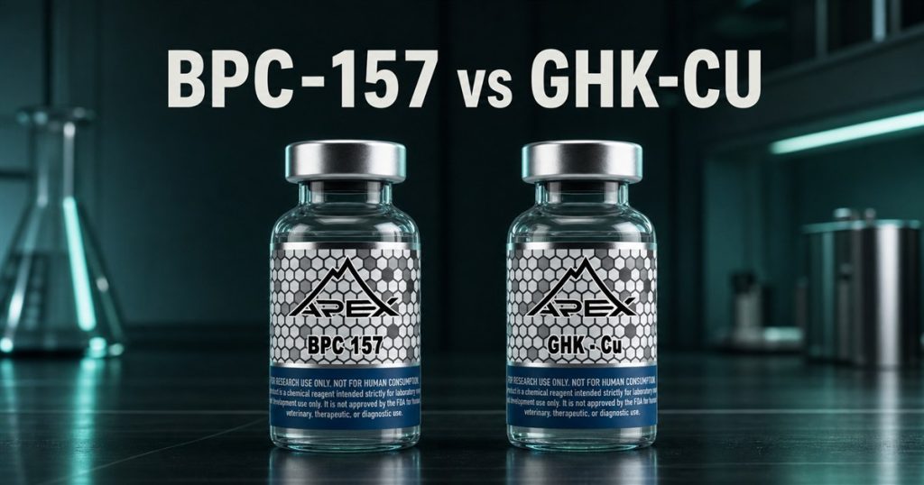 Generated BPC-157 and GHK-Cu Apex vials in a balanced laboratory comparison scene