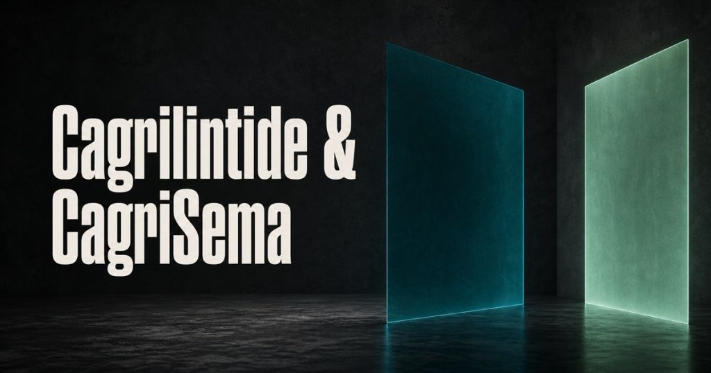 Cagrilintide and CagriSema title beside two separate teal and mint translucent panels
