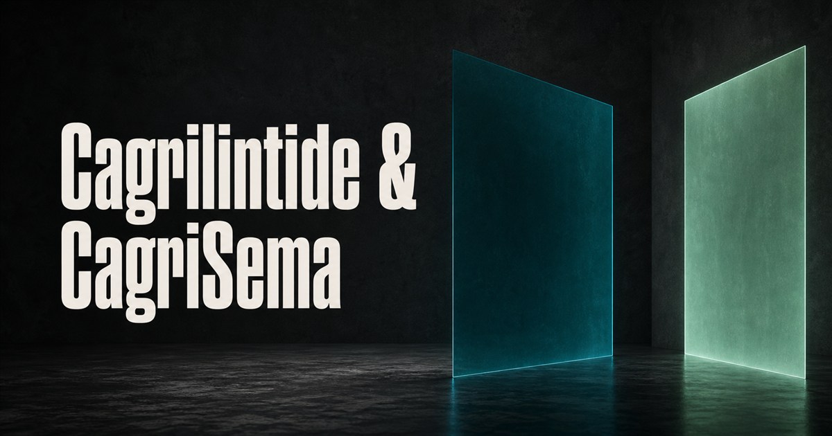 Cagrilintide and CagriSema title beside two separate teal and mint translucent panels