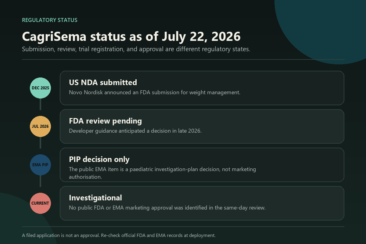 Timeline separating the CagriSema FDA application, pending review, EMA paediatric plan record, and investigational status