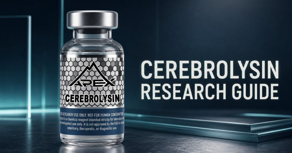 Reference-conditioned editorial cover with an Apex Cerebrolysin vial and the title Cerebrolysin Research Guide