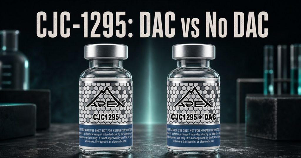 Two generated Apex-style CJC-1295 vials beneath the title CJC-1295: DAC vs No DAC
