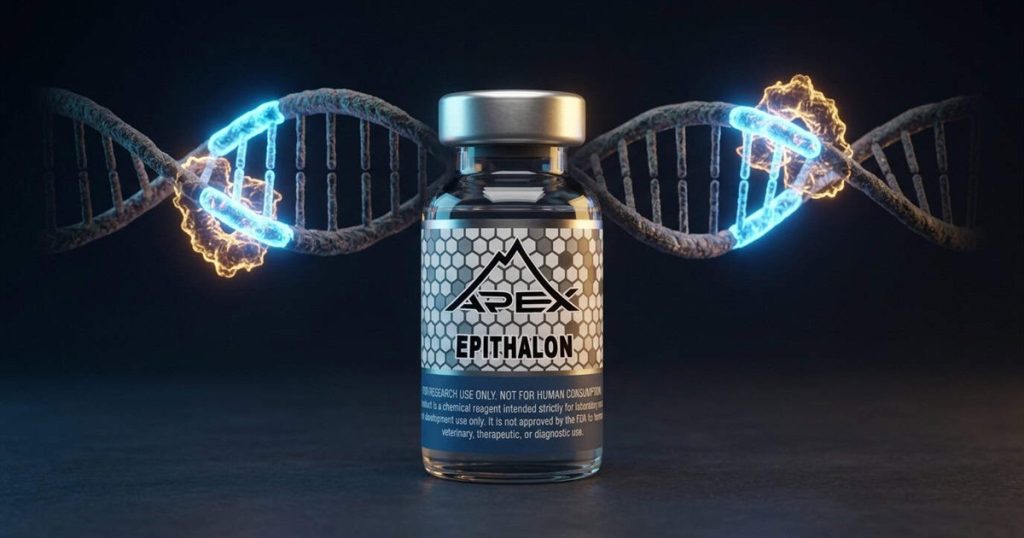 Retained Epithalon editorial cover with a centered Apex vial and a stylized DNA motif