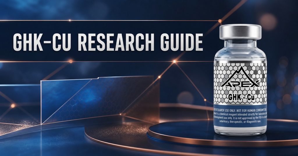 Editorial GHK-Cu guide cover showing a clear Apex vial in a blue-and-copper abstract scene with the title.