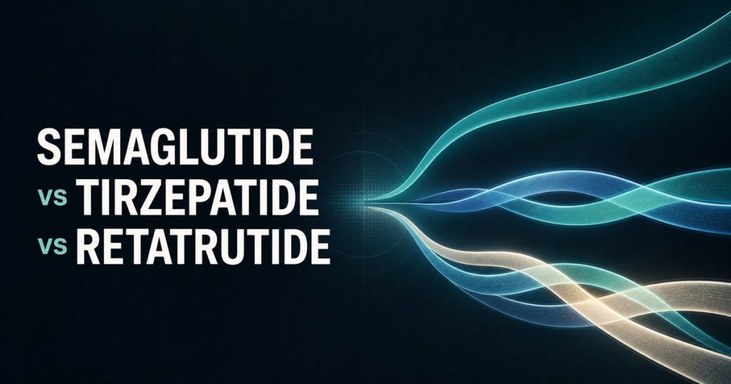 Integrated title Semaglutide vs Tirzepatide vs Retatrutide beside three abstract comparison pathways