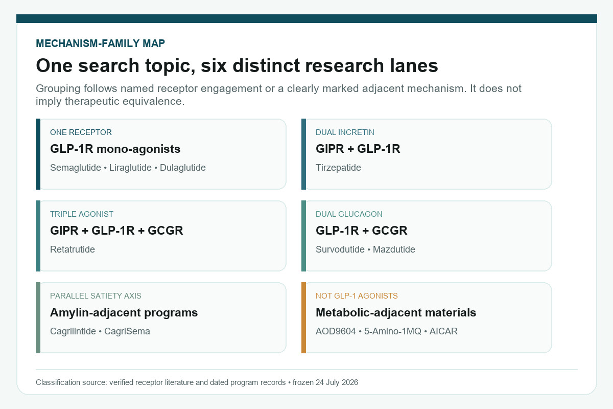 Map of GLP-1 mono, dual, and triple agonists with glucagon, amylin, and metabolic-adjacent research lanes