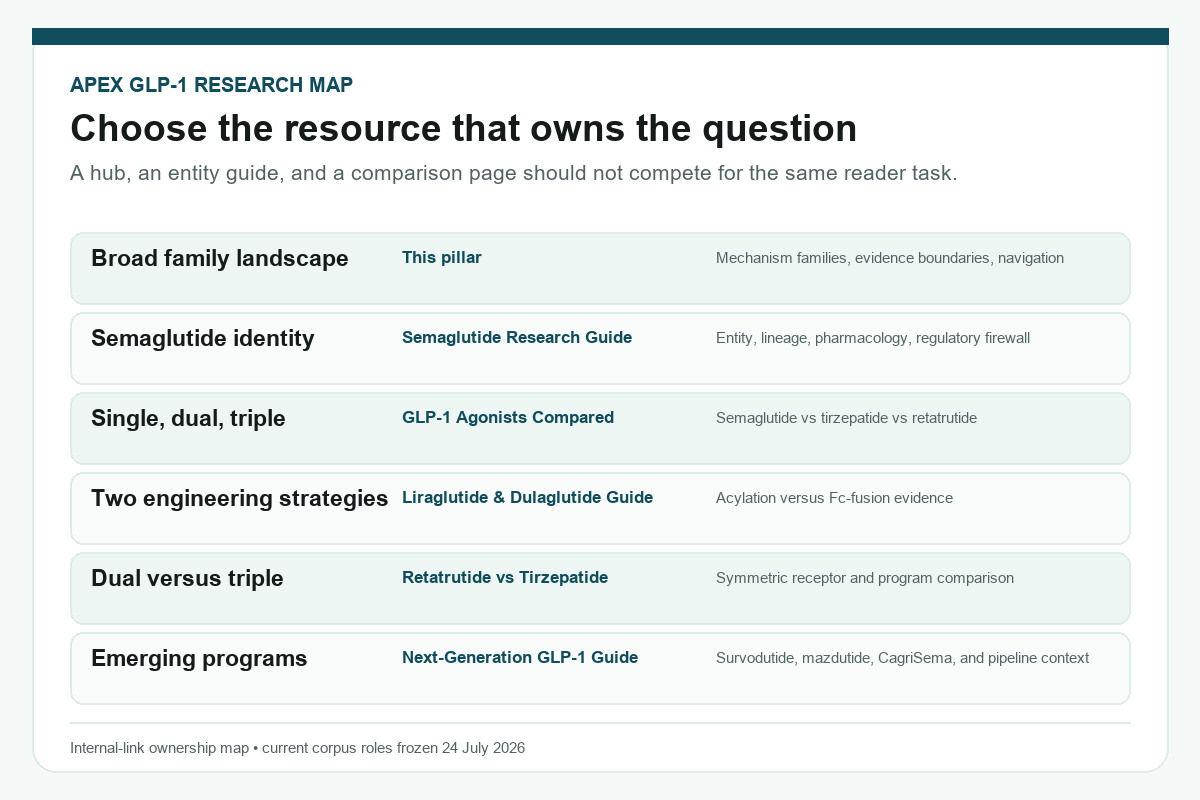 Apex map assigning GLP-1 family, compound, comparison, engineering, and emerging-program questions to separate pages