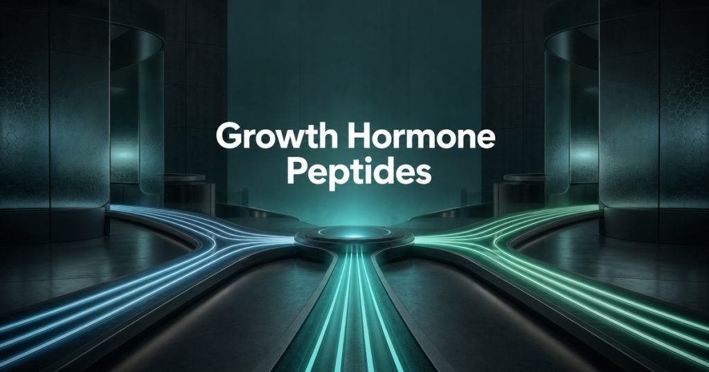 Abstract teal signal lanes behind the title Growth Hormone Peptides