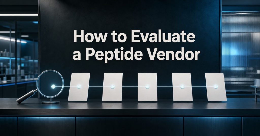 Five blank verification checkpoints beneath the title How to Evaluate a Peptide Vendor